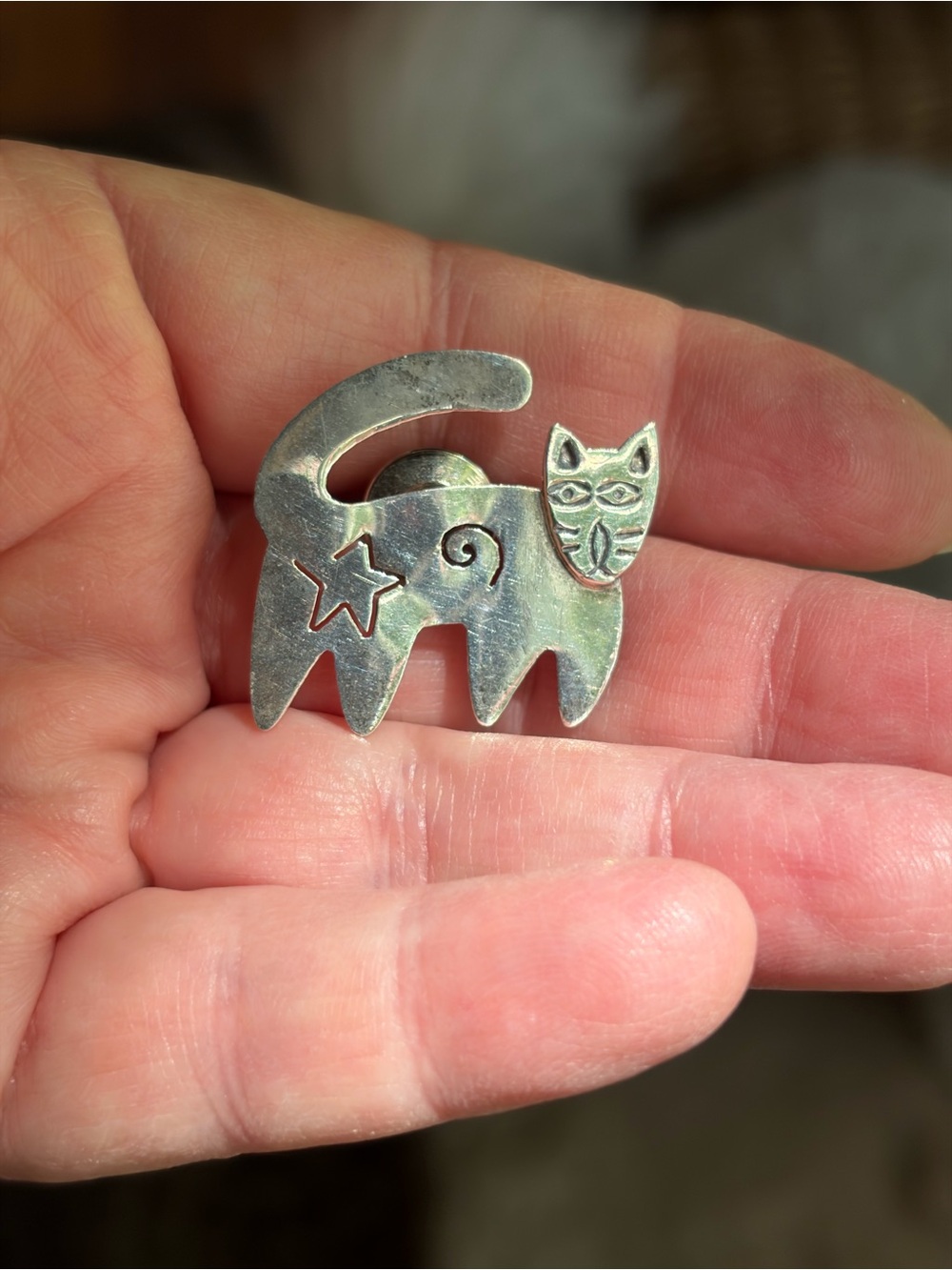 Vintage Taxco 925 Sterling Silver Cat Pin Brooch TD-10 Taxco Mexico. Star Modern